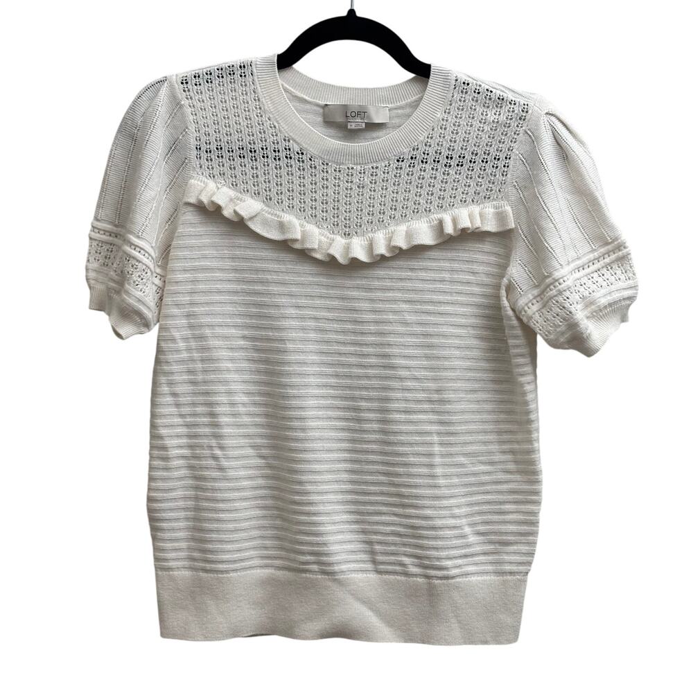 Loft Cream/White Ruffle Puff Sleeve Sweater Open Knit Tee Women's Size Medium